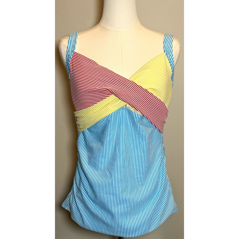 Lands' End Blue/White Striped Underwire Swim Top Seersucker Size 12 Lined EUC